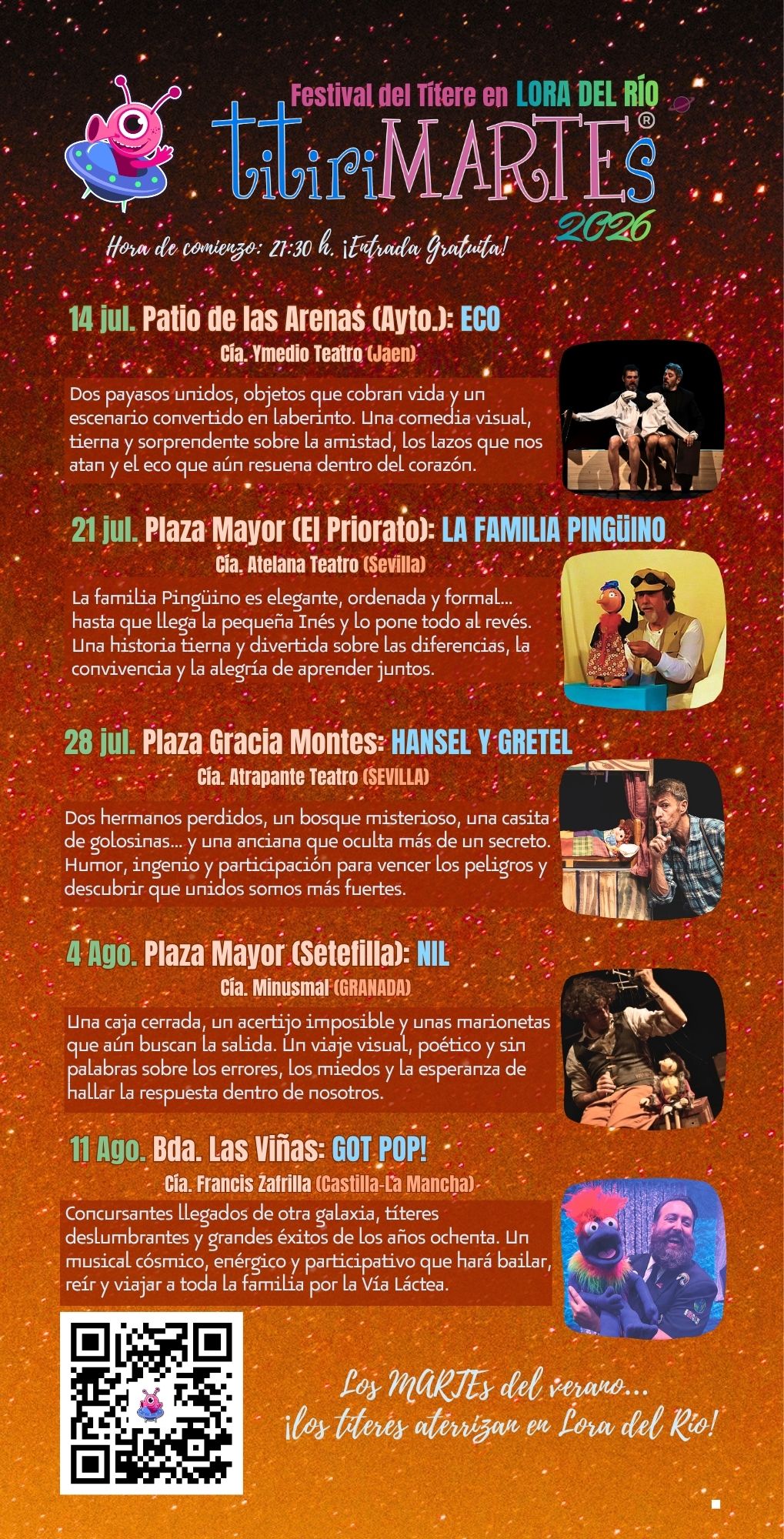 Programación de la XIV edición de titiriMARTEs 2026 en Lora del Río, con cinco espectáculos familiares los martes del 14 de julio al 11 de agosto a las 21:30 horas.