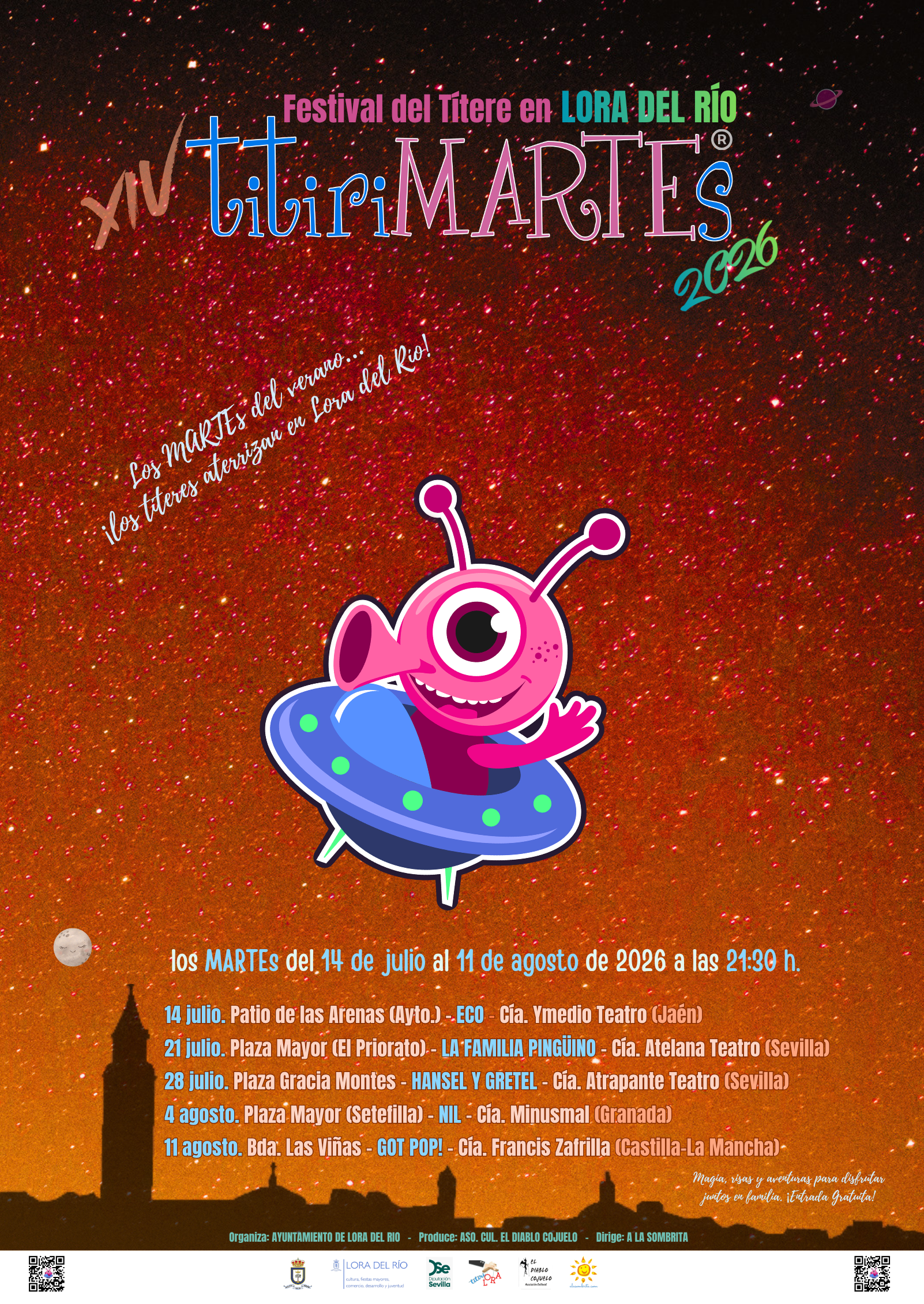 Cartel de la XIV edición de titiriMARTEs 2026 en Lora del Río, con cinco espectáculos familiares los martes del 14 de julio al 11 de agosto a las 21:30 horas.