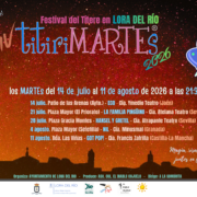 Cartel de la XIV edición de titiriMARTEs 2026 en Lora del Río, con cinco espectáculos familiares los martes del 14 de julio al 11 de agosto a las 21:30 horas.
