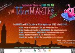 Cartel de la XIV edición de titiriMARTEs 2026 en Lora del Río, con cinco espectáculos familiares los martes del 14 de julio al 11 de agosto a las 21:30 horas.