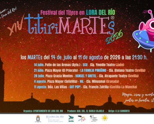 Cartel de la XIV edición de titiriMARTEs 2026 en Lora del Río, con cinco espectáculos familiares los martes del 14 de julio al 11 de agosto a las 21:30 horas.