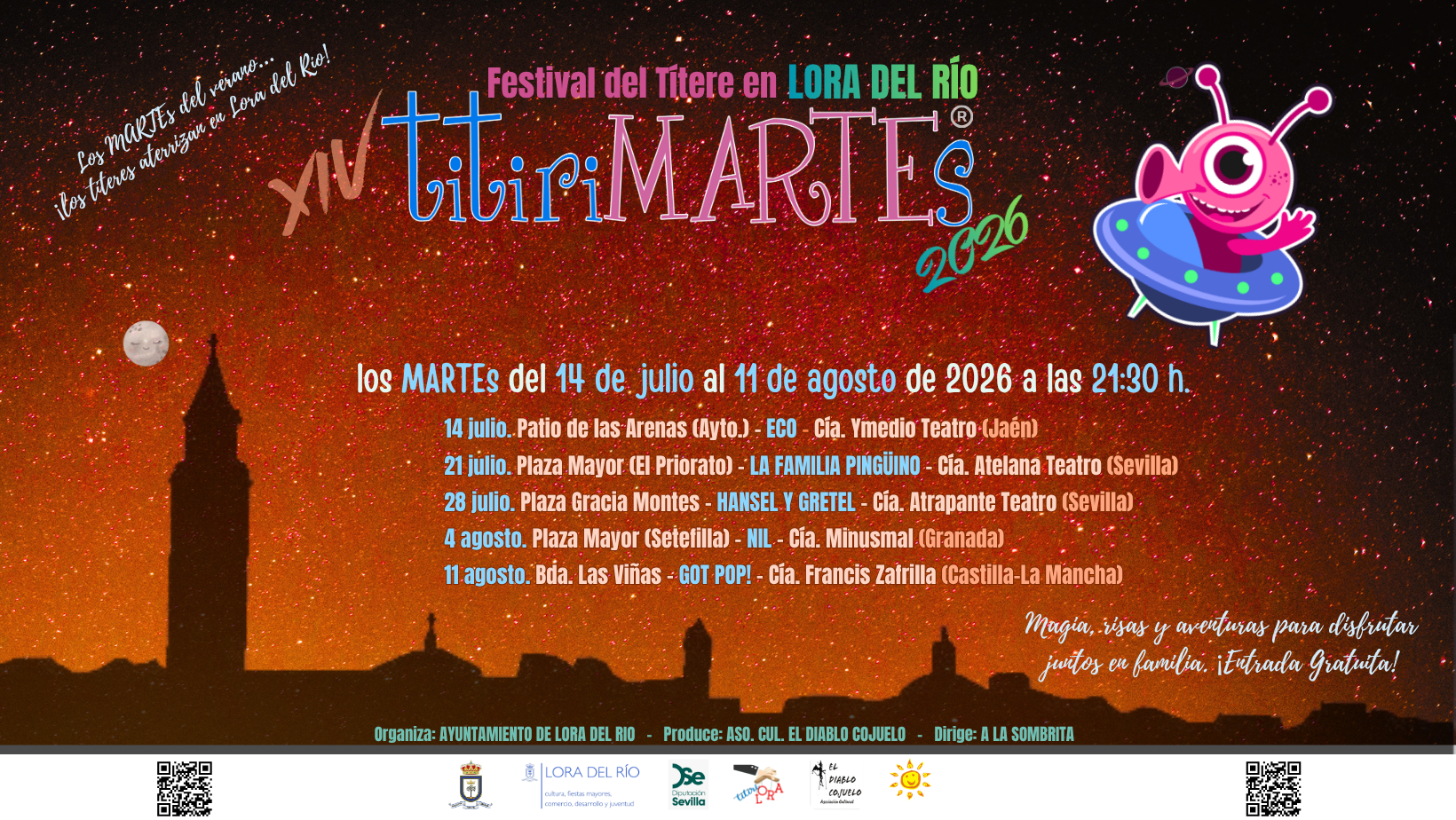 Cartel de la XIV edición de titiriMARTEs 2026 en Lora del Río, con cinco espectáculos familiares los martes del 14 de julio al 11 de agosto a las 21:30 horas.
