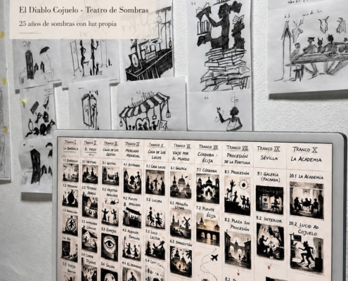Storyboard y bocetos del proceso creativo de El Diablo Cojuelo, nuevo espectáculo de teatro de sombras de A la Sombrita.