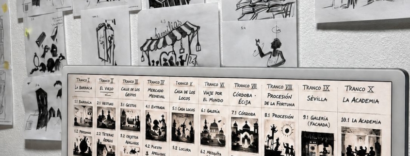 Storyboard y bocetos del proceso creativo de El Diablo Cojuelo, nuevo espectáculo de teatro de sombras de A la Sombrita.