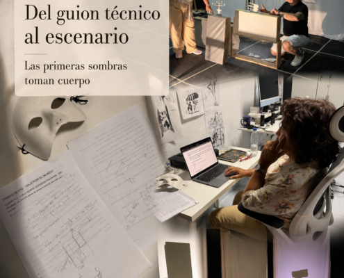 Collage del Diario de creación #3 de El Diablo Cojuelo, con Llanos Campos y José Diego probando escenas, anotaciones del guion técnico, prototipos y pruebas de sombras en escena.