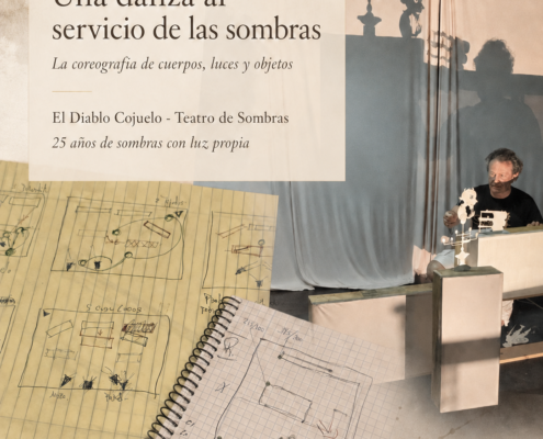 Proceso escénico de El Diablo Cojuelo, con cuerpos, luces, objetos y siluetas en movimiento para crear teatro de sombras.