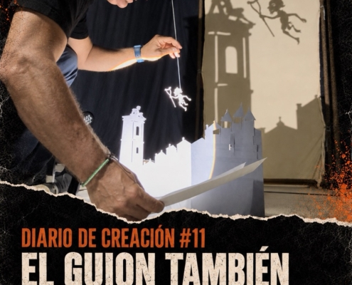 José Diego manipula una silueta del Cojuelo junto a un decorado pop-up, mientras sus sombras se proyectan sobre un bastidor. Portada del Diario de creación #11.