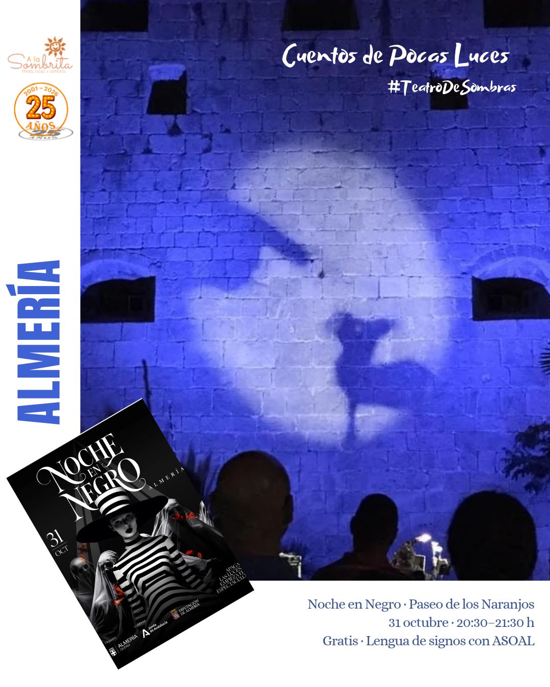Cuentos de Pocas Luces en la Noche en Negro de Almería, 31 de octubre de 2026: teatro de sombras sobre una muralla azul.