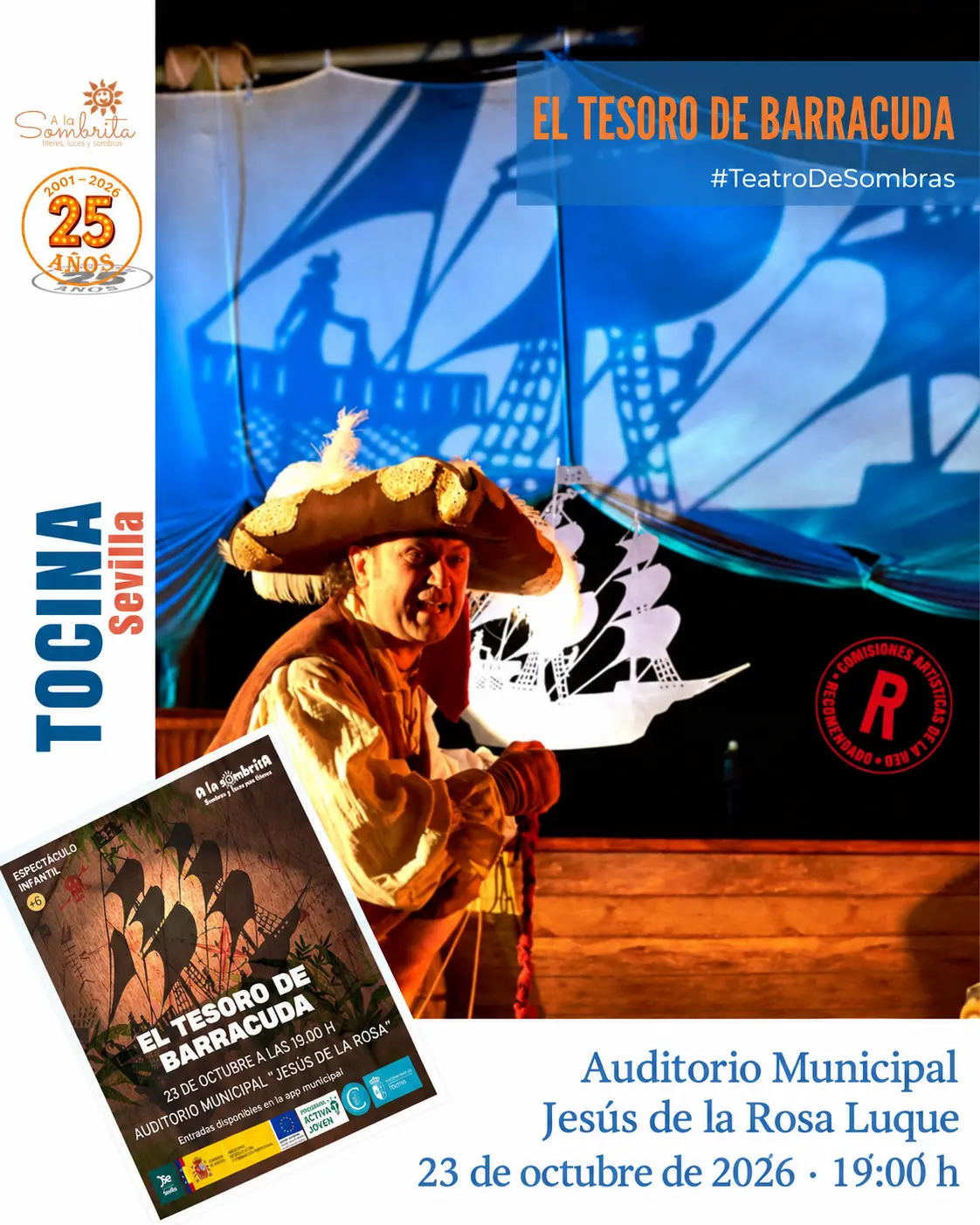 El Tesoro de Barracuda en Tocina: teatro de sombras de A la Sombrita, 23 de octubre de 2026 a las 19:00 h, Auditorio Municipal Jesús de la Rosa Luque